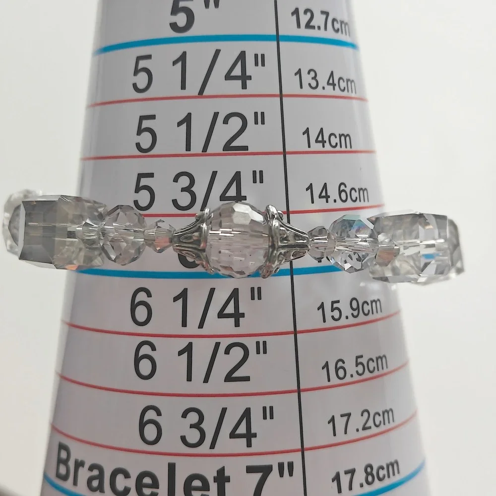 Clear Faceted Square Glass Bead Stretch Bracelet Silver Filigree Accents 6in